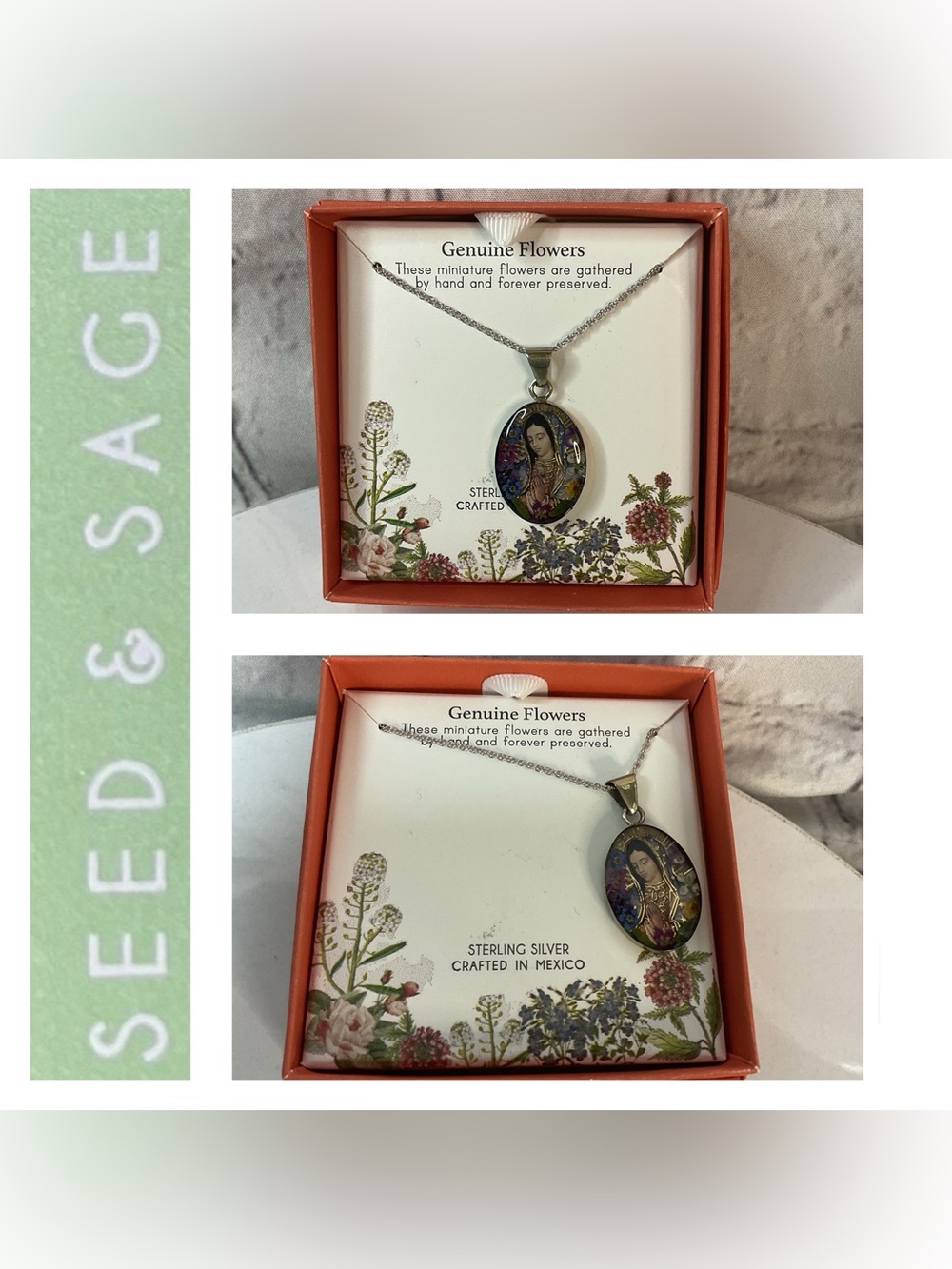 🌟🌟 Seed & Sage Genuine Preserved Flowers Virgin Mary Pendant Necklace